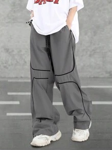 Manfinity Hypemode 男款寬鬆休閒長褲,帶有束緊腰圍的繩子 - 深灰色 - 查看 3