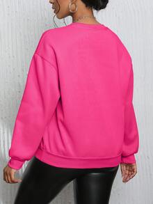 INAWLY 女式字母標語和角色印花下垂肩運動衫 - 玫紅色 - 查看 2