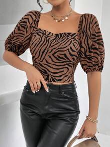 SHEIN Essnce Blusa De Manga Abullonada Con Estampado De Cebra Y Nudos En La Espalda - Camel - Ver 4