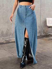 SHEIN ICON 全印花高開叉牛仔裙 - 中等水洗藍 - 查看 5