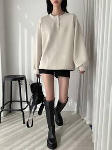 Dazy Star Women's Half Button Drop Shoulder Sweatshirt - Apricot - View 8