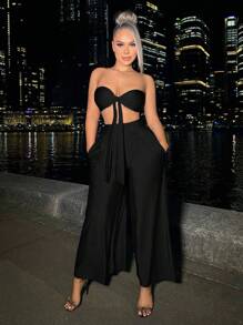 SHEIN SXY Plus Size Women Sexy 2pcs Beach Vacation Tie Front Top And Loose Pocket Side Palazzo Pants Set, Suitable For Everyday Wear,Business,Simple, Commuting,Elegant,Casual,Shopping, Streetwear,Going Out,Simple And Versatile,Easy To Match&Looks Slim,Accent Your Body,Flatter The Figure