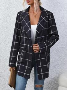 SHEIN LUNE Women's Plaid Double-Breasted Coat Fall Cloth For Women - Black - View 4
