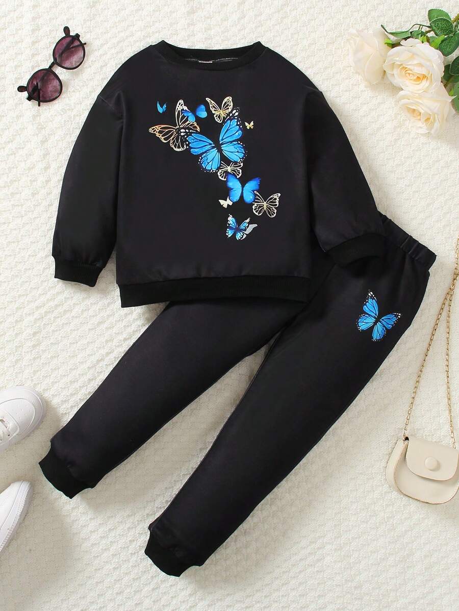 Little Girls' Butterfly Printed Sweatshirt And Sweatpants Set - Black - View 1