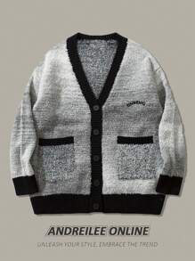 Cárdigan casual de hombre ANDREILEE con bordado de letras degradado, de manga larga, cuello en V holgado, para otoño/invierno - Gris - Ver 1