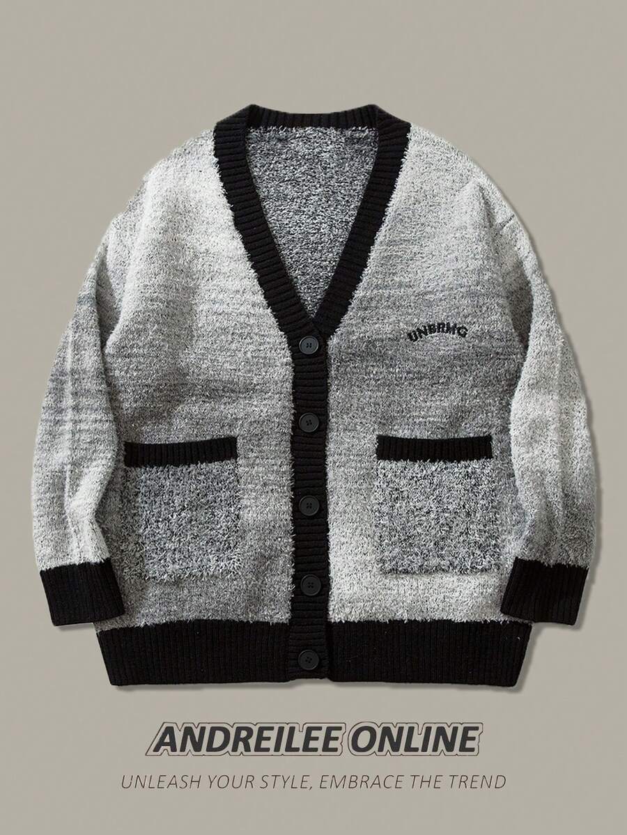 Cárdigan casual de hombre ANDREILEE con bordado de letras degradado, de manga larga, cuello en V holgado, para otoño/invierno - Gris - Ver 1