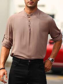 Manfinity Homme 男士前扣半門襟襯衫 - 棕色 - 查看 3