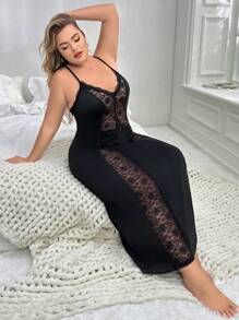 Plus Size Lace Panel Spaghetti Strap Sexy Pajama Night Dress, Long Dress - Black - View 5