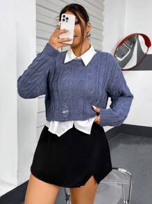 Flirla Women's Plus Size Cropped Cable Knit Sweater Knit Pullover Fall Winter Outfit - Blue - View 5