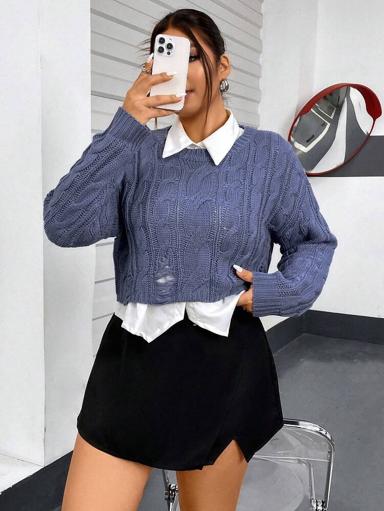 Women's Plus Size Cropped Cable Knit Sweater Knit Pullover Fall Winter Sweater