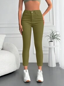 RueChic High Waist Skinny Cropped Jeans - Khaki - View 4