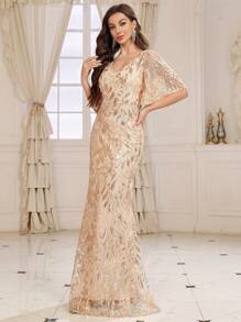 SHEIN Belle Kết cườm , Cổ v , Tay áo xù , Mỹ nhân ngư Đầm dạ hội ( Nhiệm vụ nặng nề ) - Vàng - Xem 5