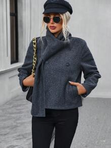 SHEIN Clasi Women's Scarf Collar Double Breasted Woolen Coat Fall Cloth For Women - Dark Grey - View 1