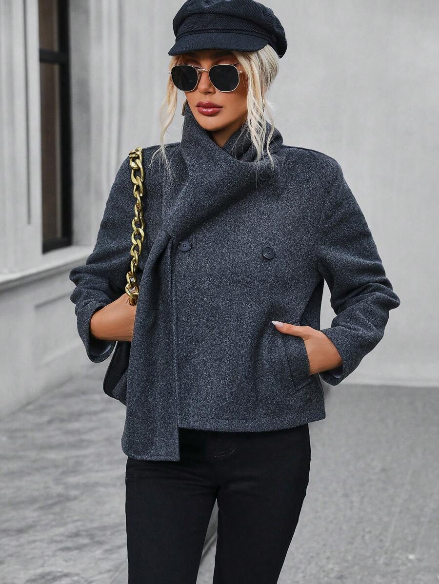 SHEIN Clasi Women's Scarf Collar Double Breasted Woolen Coat Fall Cloth For Women - Dark Grey - View 1