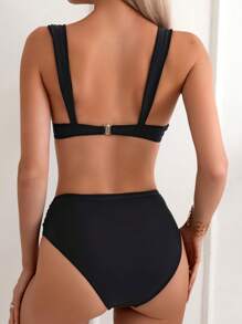 SHEIN Swim 女性扭結前扣式比基尼套裝 - 黑色 - 查看 2