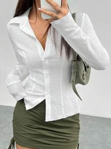 SHEIN EZwear White Woven Women's Shirt,Long Sleeve Tops