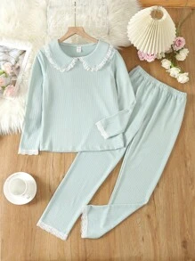 女童条纹纹理面料彼得潘领蕾丝拼接公主家居服套装 - 綠色 - 查看 1