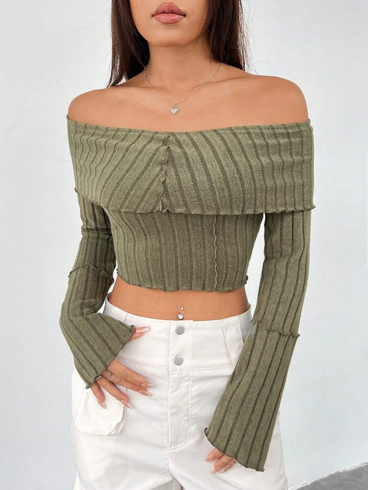 SHEIN EZwear Camiseta De Mujer Con Hombros Descubiertos De Punto Verde De Moda - Verde militar - Ver 3