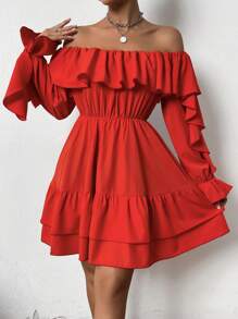 SHEIN Privé 女款露肩荷葉邊下擺連身裙 - 紅色 - 查看 5