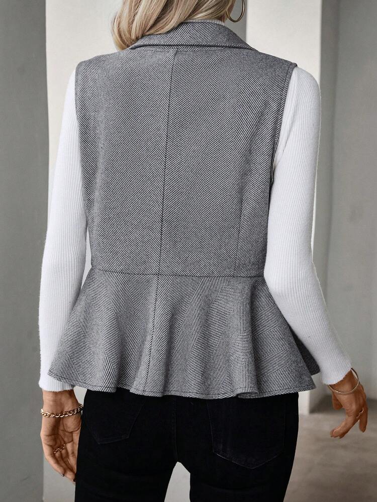 Women's Vest Jacket With Herringbone Pattern And Ruffle Trim