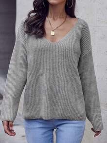 SHEIN LUNE Đúng mốt Màu thuần Cổ chữ V Áo len Oversized - Xám - Xem 3