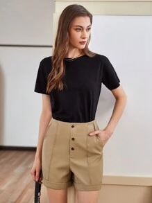 Anewsta Women's Button Front Rolled Hem Shorts - Khaki - View 7