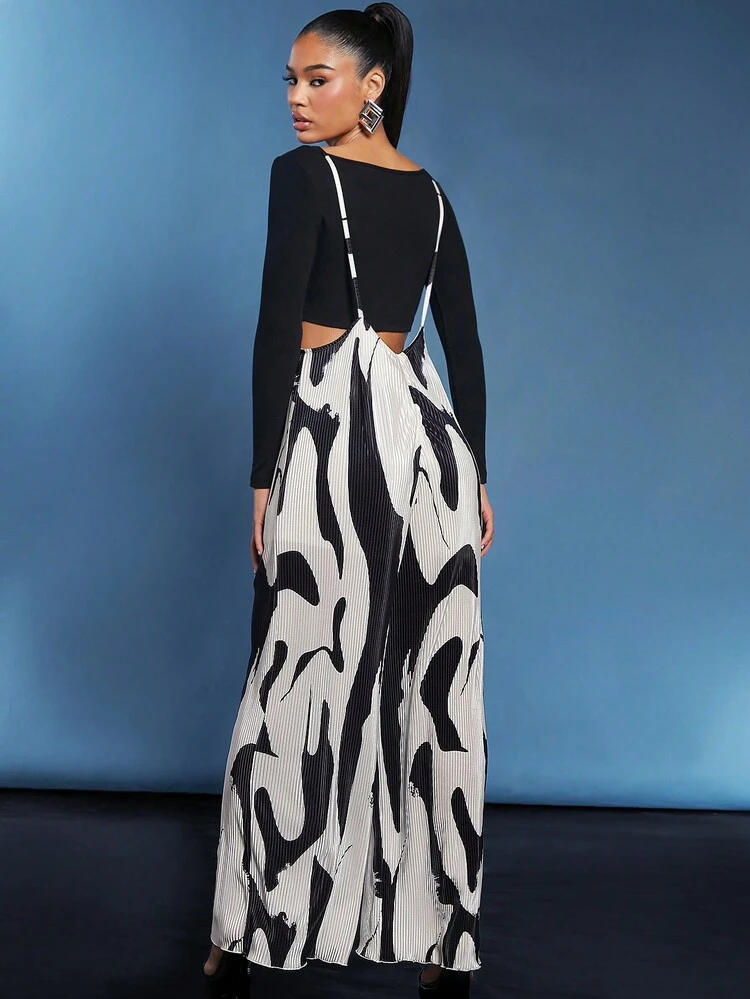 Plisse Print Wide Leg Overall Jumpsuit