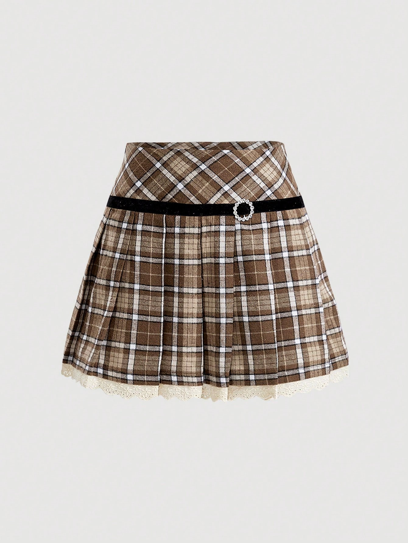 SHEIN MOD Checkered Lace Pleated Midi Skirt