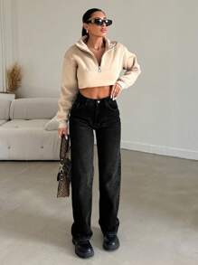 EURMUSE High Waisted Straight Leg Jeans - Black - View 5