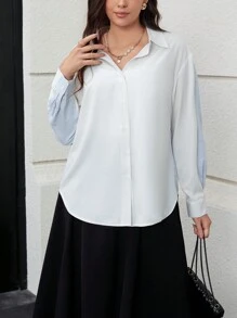 SHEIN Privé Plus Contrast Stripe Button Front Shirt - Multicolor - View 6