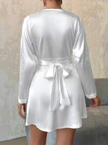 EURMUSE Plunging Neck Ruched Bust Satin Dress - White - View 2