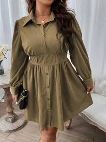 Flirla Kích thước lớn Của phụ nữ Áo sơ mi Eo Váy có thắt lưng - xanh quân đội - Xem 5