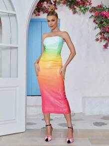 Women Sparkly Ombre Strapless Fitted Dress - Multicolor - View 1