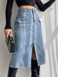 EURMUSE Diagonal Pocket Slit Hem Denim Skirt - Light Wash - View 5