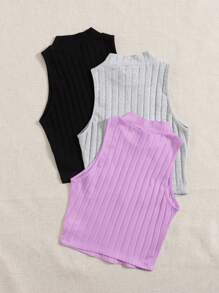 SHEIN EZwear Conjunto De 3 Tops Sin Mangas Mock Neck De Punto Acanalado Para Verano - Multicolor - Ver 2