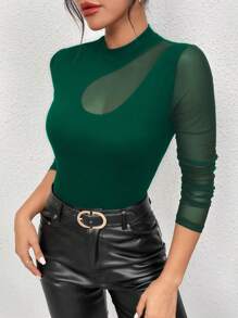 SHEIN Privé Mảnh lưới Áo thun - Màu xanh lá cây đậm - Xem 1