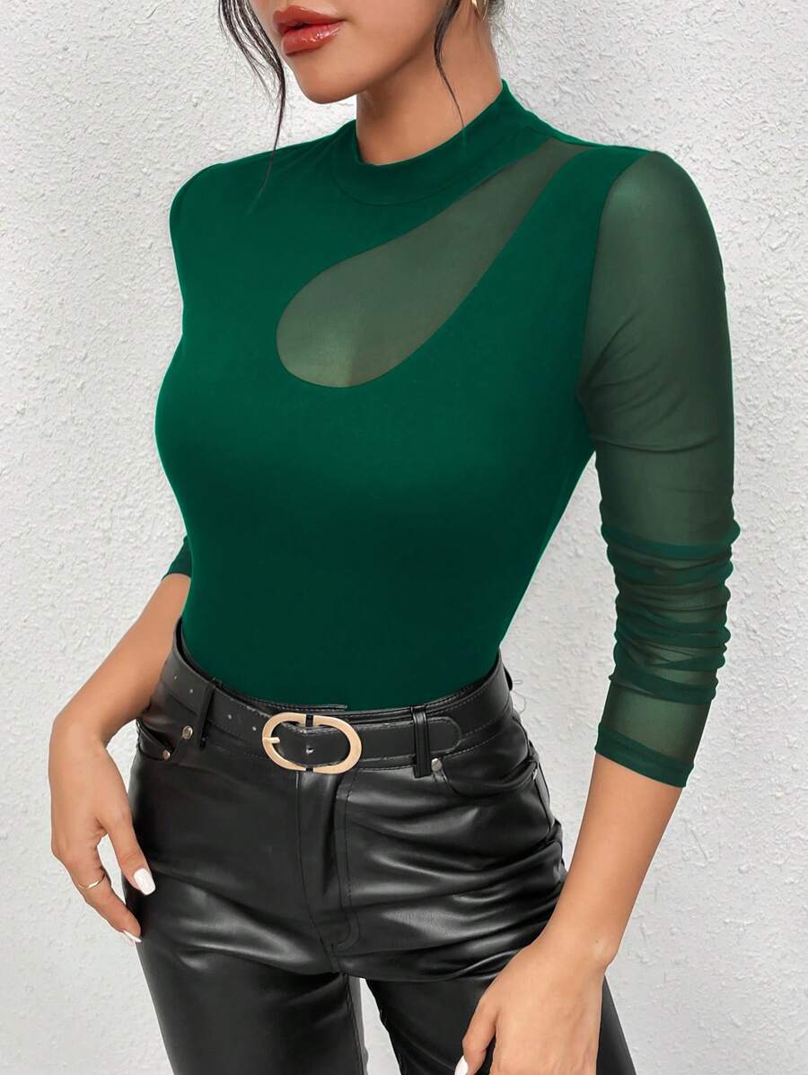 SHEIN Privé Mảnh lưới Áo thun - Màu xanh lá cây đậm - Xem 1