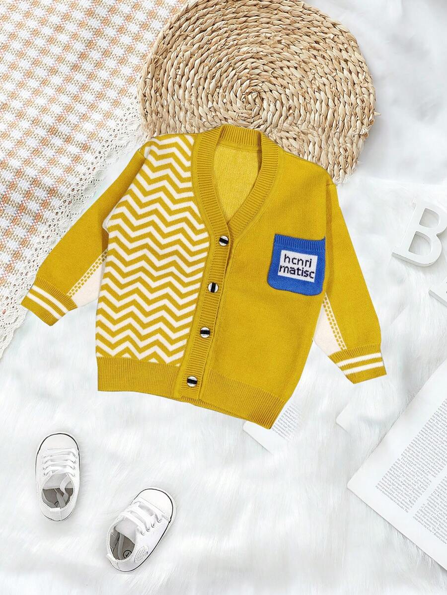 Baby Boys' Herringbone & Letter Pattern Cardigan Sweater - Yellow - View 1