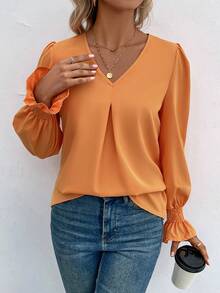 SHEIN LUNE V領荷葉邊袖子上衣 - 橘色 - 查看 6