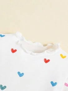 SHEIN Baby Girls' Heart Patterned Lettuce Trimmed Top And Long Pants Pajamas Set Baby Pj Set