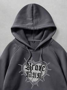 ROMWE MEN Street Life 男士字母圖案袋鼠口袋抽繩連帽衫 - 深灰色 - 查看 3