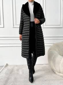 EURMUSE Fuzzy Collar Button Up Quilted Coat - Black - View 3