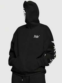 ROMWE MEN Goth Men's Black Zipper Hoodie With Back Print - Black - View 2