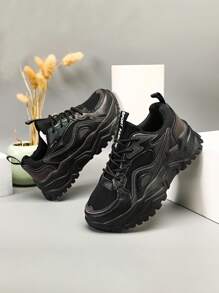 Women's Outdoor Casual Chunky Sneakers With Thick Sole, Chunky Shoes Style, Black