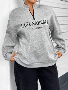Flirla Sudadera Con Hombros Caídos Y Estampado De Letras De Talla Grande - Gris - Ver 4