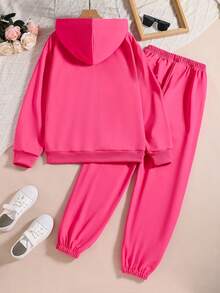 少女簡約字母印花休閒連帽衫雙件套裝 - 玫紅色 - 查看 2