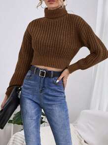 EURMUSE Turtleneck Drop Shoulder Crop Sweater - Camel - View 4