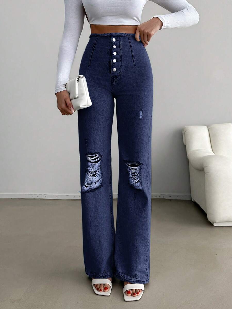 RueChic Vaqueros De Mezclilla Desgastados Con Bragueta De Botones Para Mujer