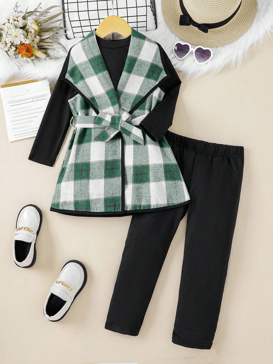 SHEIN 女童經典格紋圖案,舒適保暖的3件套秋冬裝 - 墨綠色 - 查看 1