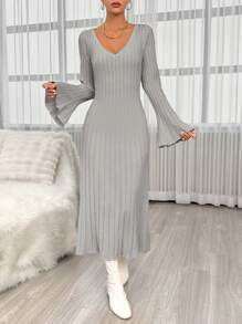 SHEIN Privé Women's V-neck Flared Sleeve Sweater Dress - Grey - View 3